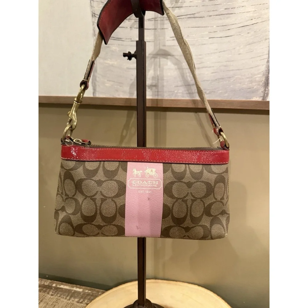 Coach Brown‎ Heritage Jacquard Pink Stripe Red Hobo Shoulder Bag Y2K
